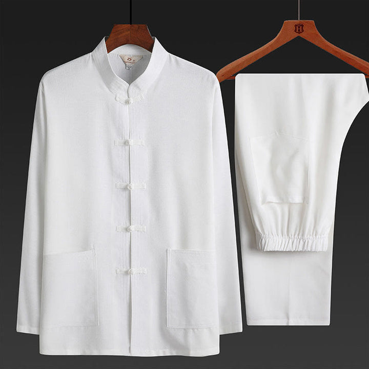 Buddha Stones 2 pezzi Tang Suit tinta unita Frog-Bottone uomo manica lunga camicia pantaloni set - Bianco - Set da 2 pezzi - US/UK/AU44, EU54 (4XL) - image 21