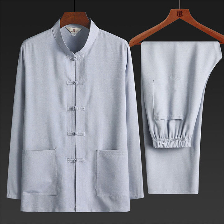 Set di 2 pezzi di tuta da uomo con bottoni a rana, camicia a maniche lunghe e pantaloni, in tinta unita, Buddha Stones - Grigio chiaro - Set da 2 pezzi - US/UK/AU42，EU52 (4XL) - image 3