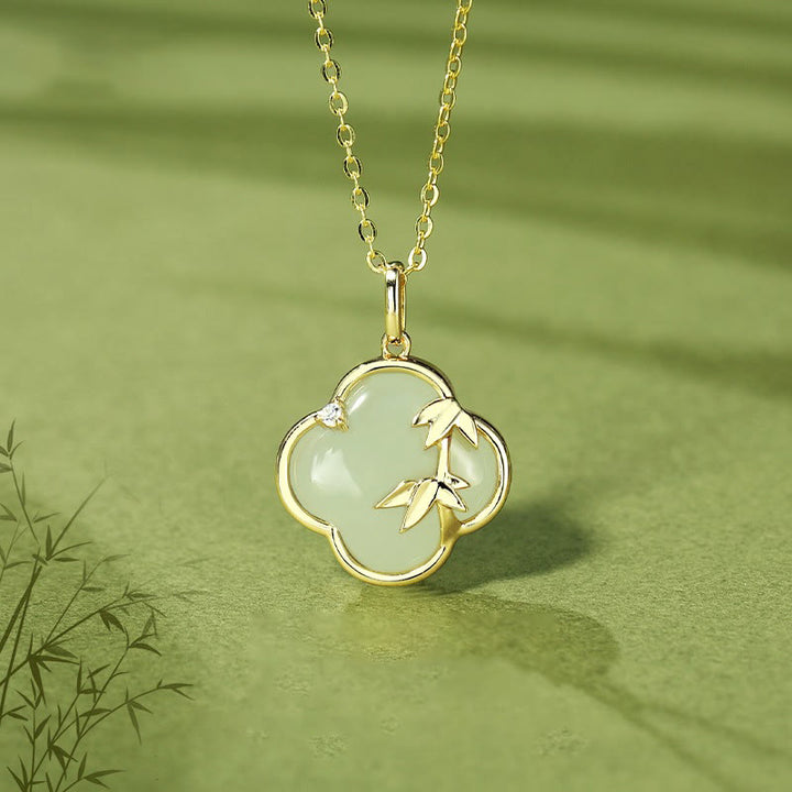 Collana con ciondolo a forma di quadrifoglio in argento sterling 925 con Buddha Stones, giada Hetian e crescita del bambù