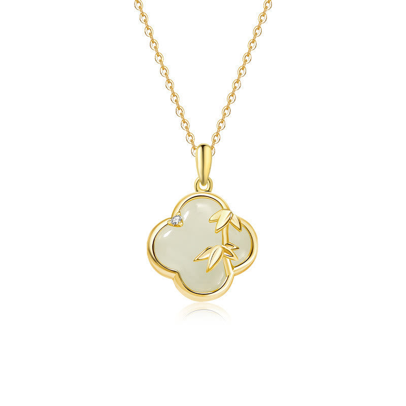 Collana con ciondolo a forma di quadrifoglio in argento sterling 925 con Buddha Stones, giada Hetian e crescita del bambù