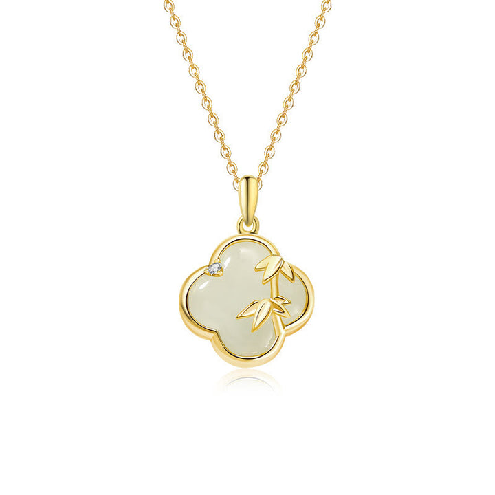 Collana con ciondolo a forma di quadrifoglio in argento sterling 925 con Buddha Stones, giada Hetian e crescita del bambù