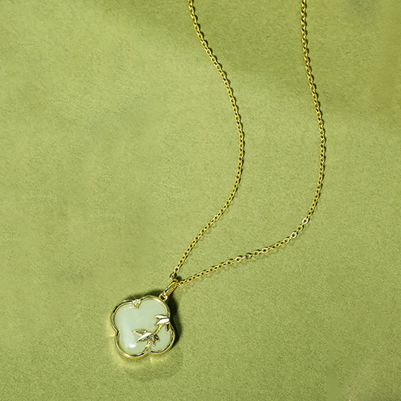 Collana con ciondolo a forma di quadrifoglio in argento sterling 925 con Buddha Stones, giada Hetian e crescita del bambù