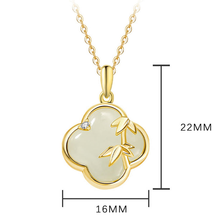 Collana con ciondolo a forma di quadrifoglio in argento sterling 925 con Buddha Stones, giada Hetian e crescita del bambù