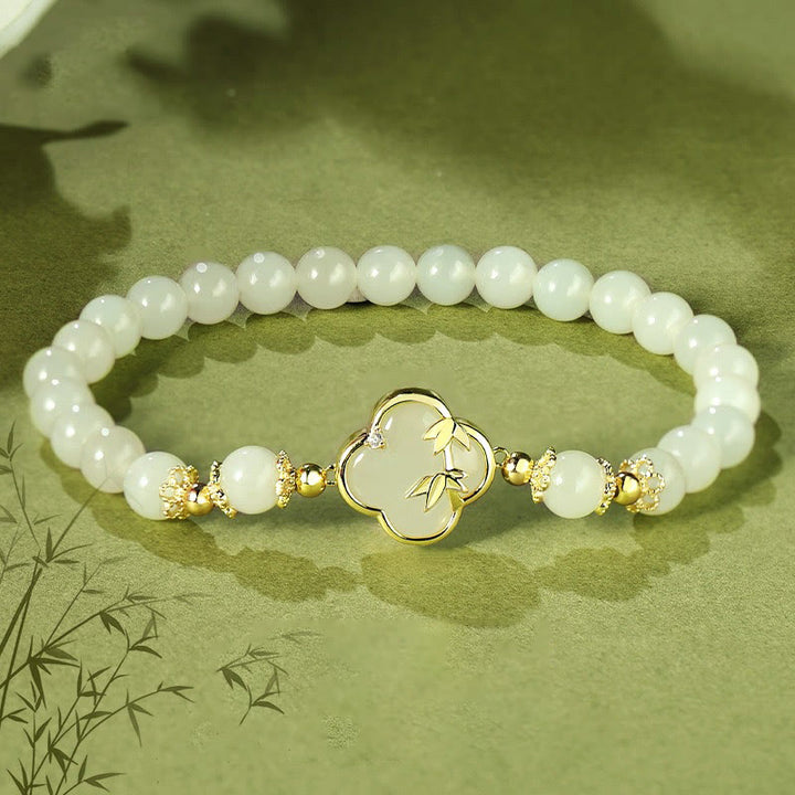 Braccialetto portafortuna in bambù con quadrifoglio in argento sterling 925, Buddha Stones , giada Hetian