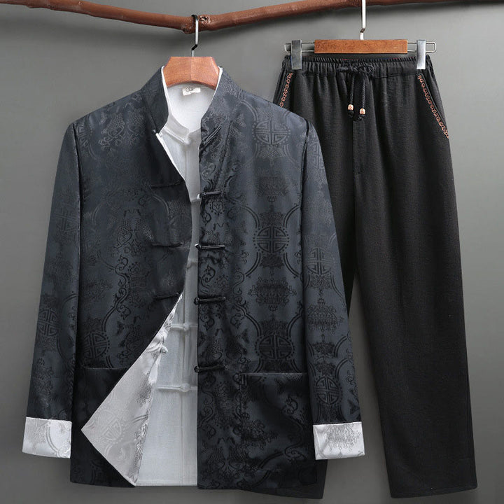 Buddha Stones 2 pezzi da uomo Tang Suit Koi Fish Pattern Frog-Button manica lunga camicia pantaloni set - Grigio - US/UK/AU42, EU52 (3XL) - image 0