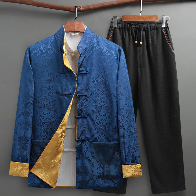 Buddha Stones 2 pezzi da uomo Tang Suit Koi Fish Pattern Frog-Button manica lunga camicia pantaloni set - Blu reale - US/UK/AU42, EU52 (3XL) - image 7