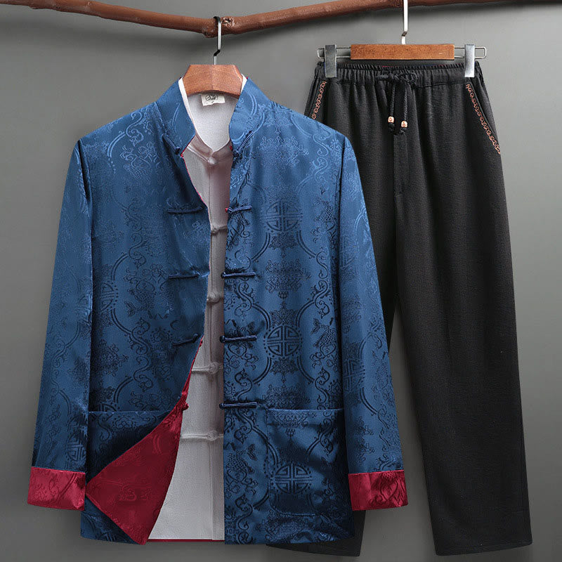 Buddha Stones 2 pezzi da uomo Tang Suit Koi Fish Pattern Frog-Button manica lunga camicia pantaloni set - Blu fiordaliso - US/UK/AU42, EU52 (3XL) - image 18