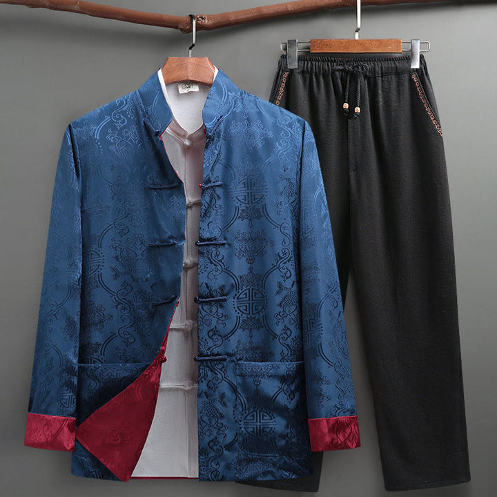 Buddha Stones 2 pezzi da uomo Tang Suit Koi Fish Pattern Frog-Button manica lunga camicia pantaloni set - Blu fiordaliso - US/UK/AU42, EU52 (3XL) - image 18