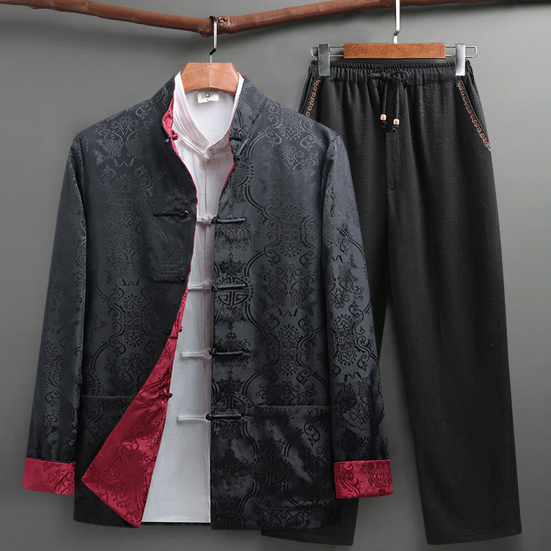 Buddha Stones 2 pezzi da uomo Tang Suit Koi Fish Pattern Frog-Button manica lunga camicia pantaloni set - Grigio scuro - US/UK/AU42, EU52 (3XL) - image 20