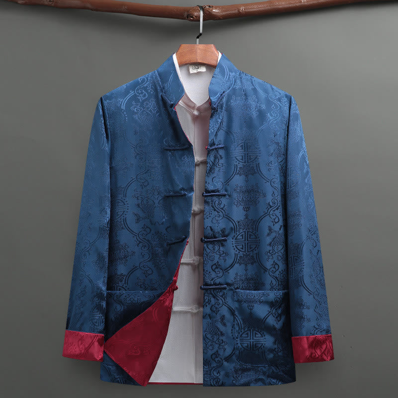 Abito da uomo Buddha Stones con bottoni a rana e motivo a pesci koi, maniche lunghe e tasche. - Blu+Rosso - US/UK/AU42, EU52 (3XL) - image 11