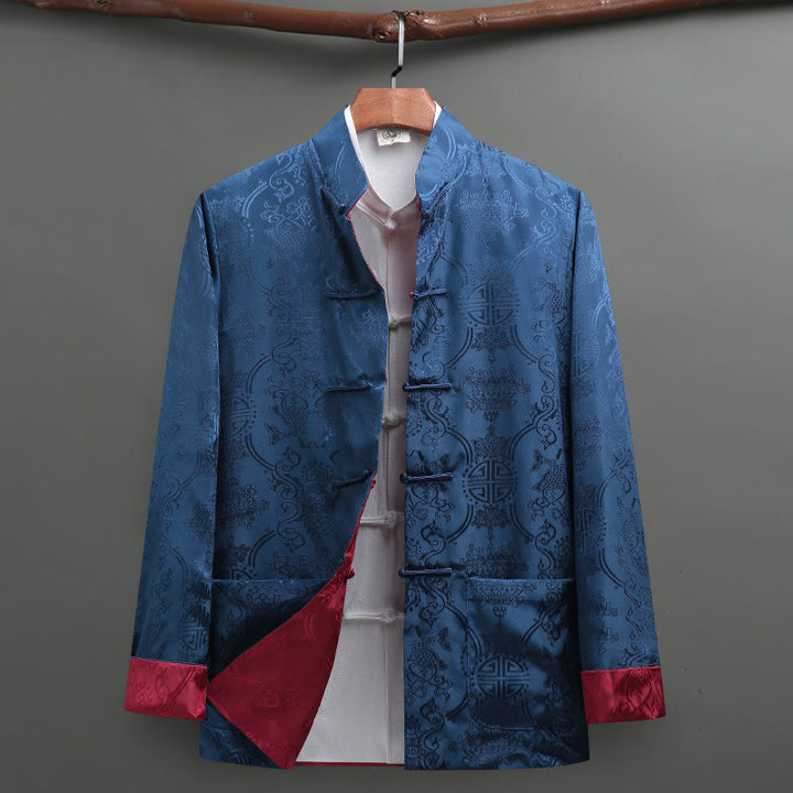 Abito da uomo Buddha Stones con bottoni a rana e motivo a pesci koi, maniche lunghe e tasche. - Blu+Rosso - US/UK/AU42, EU52 (3XL) - image 11