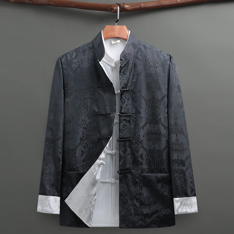Buddha Stones Uomo Rana-Bottone Tang Suit Koi Fish Pattern Giacca Manica Lunga Camicia Con Tasche