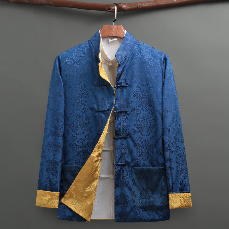 Abito da uomo Buddha Stones con bottoni a rana e motivo a pesci koi, maniche lunghe e tasche. - Blu+Giallo - US/UK/AU42, EU52 (3XL) - image 1