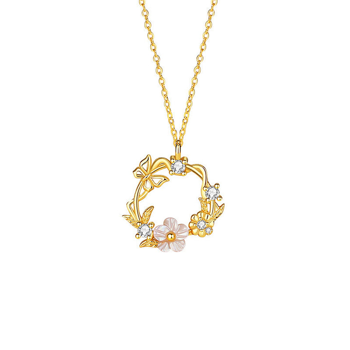 Collana con ciondolo a forma di farfalla con fiore di pesco e zirconi cubici in argento sterling 925 Buddha Stones