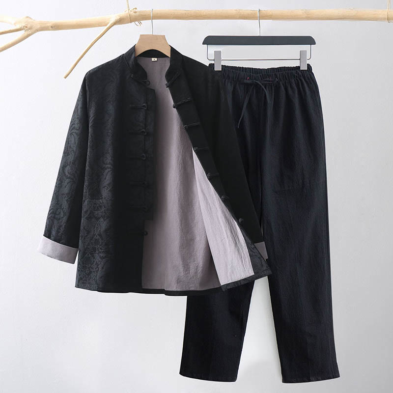 Buddha Stones 2 pezzi da uomo Tang Suit Jacquard Vine Pattern Frog-Bottone in cotone a maniche lunghe Camicia Pantaloni Set - Nero - US/UK/AU44, EU54 (4XL) - image 10