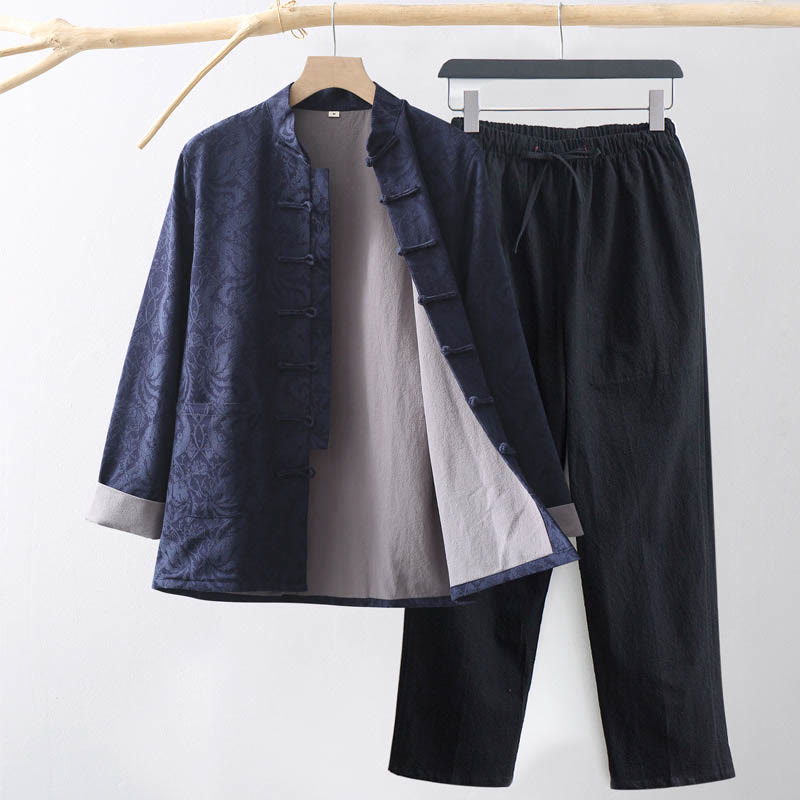 Buddha Stones 2 pezzi da uomo Tang Suit Jacquard Vine Pattern Frog-Bottone in cotone a maniche lunghe Camicia Pantaloni Set - SteelBlue - US/UK/AU44, EU54 (4XL) - image 0