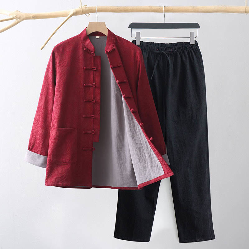 Buddha Stones 2 pezzi da uomo Tang Suit Jacquard Vine Pattern Frog-Bottone in cotone a maniche lunghe Camicia Pantaloni Set - Cremisi - US/UK/AU44, EU54 (4XL) - image 9