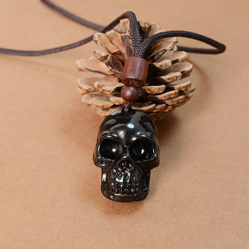 Collana pendente con scheletro Shmashana in corda di ossidiana nera Buddha Stones