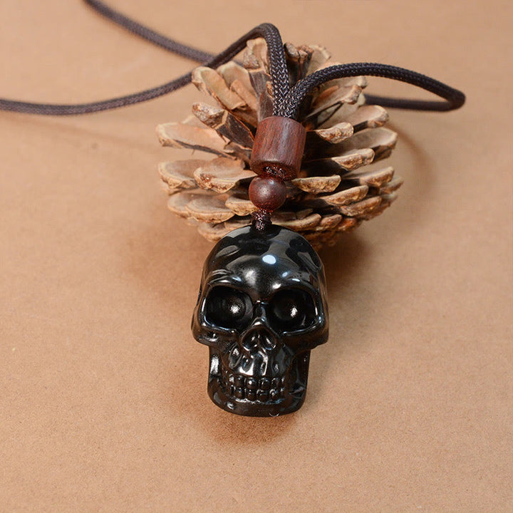 Collana pendente con scheletro Shmashana in corda di ossidiana nera Buddha Stones
