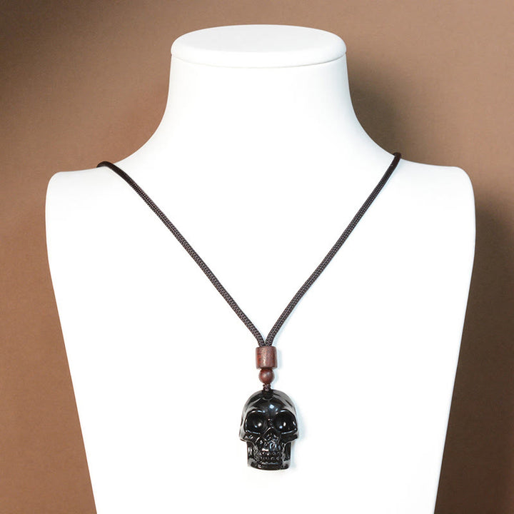 Collana pendente con scheletro Shmashana in corda di ossidiana nera Buddha Stones