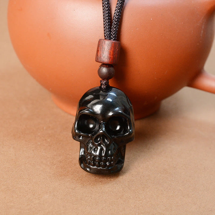 Collana pendente con scheletro Shmashana in corda di ossidiana nera Buddha Stones