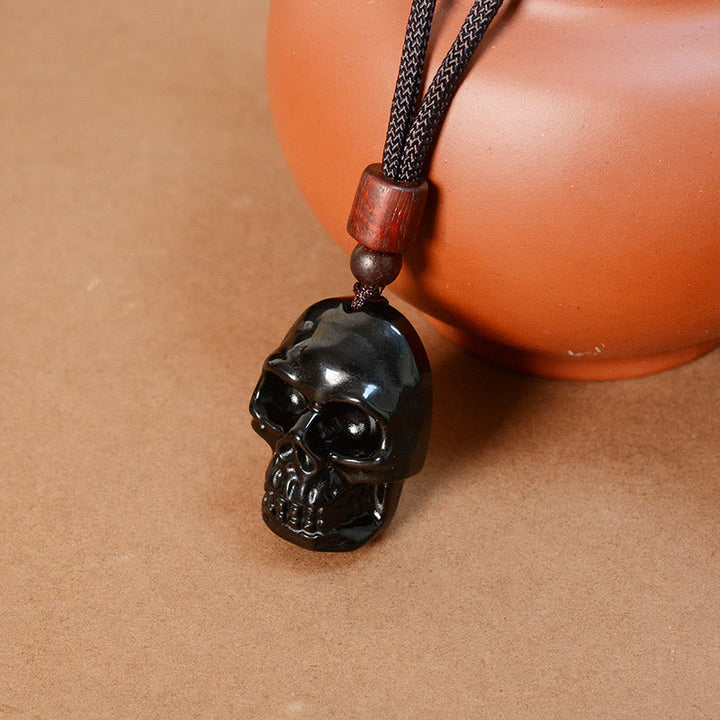 Collana pendente con scheletro Shmashana in corda di ossidiana nera Buddha Stones
