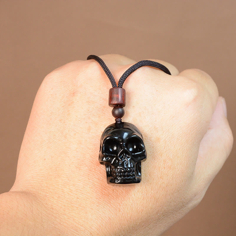 Collana pendente con scheletro Shmashana in corda di ossidiana nera Buddha Stones