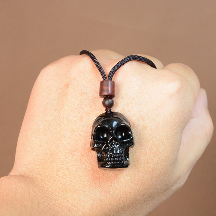 Collana pendente con scheletro Shmashana in corda di ossidiana nera Buddha Stones