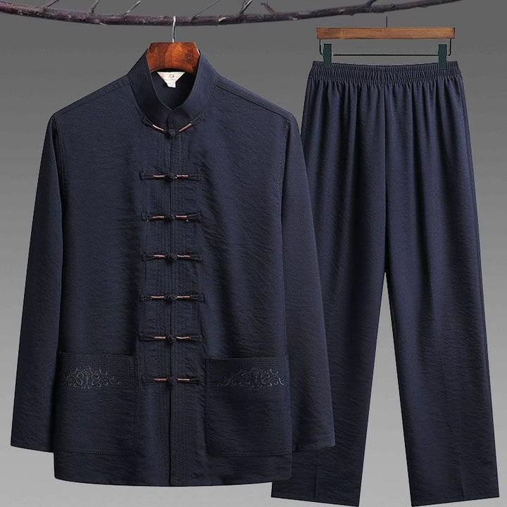 Buddha Stones 2 pezzi semplice Tang Suit uomo Frog-Bottone manica lunga camicia pantaloni set