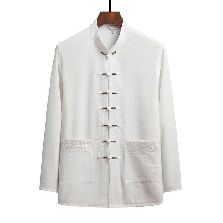 Buddha Stones 2 pezzi semplice Tang Suit uomo Frog-Bottone manica lunga camicia pantaloni set - Bianco - Camicia - US/UK/AU44, EU54 (4XL) - image 15