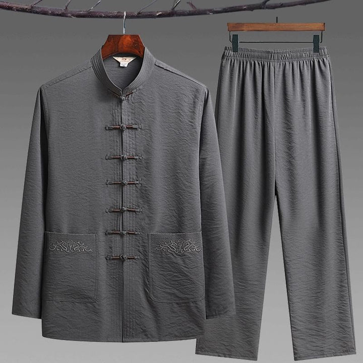 Buddha Stones 2 pezzi semplice Tang Suit uomo Frog-Bottone manica lunga camicia pantaloni set