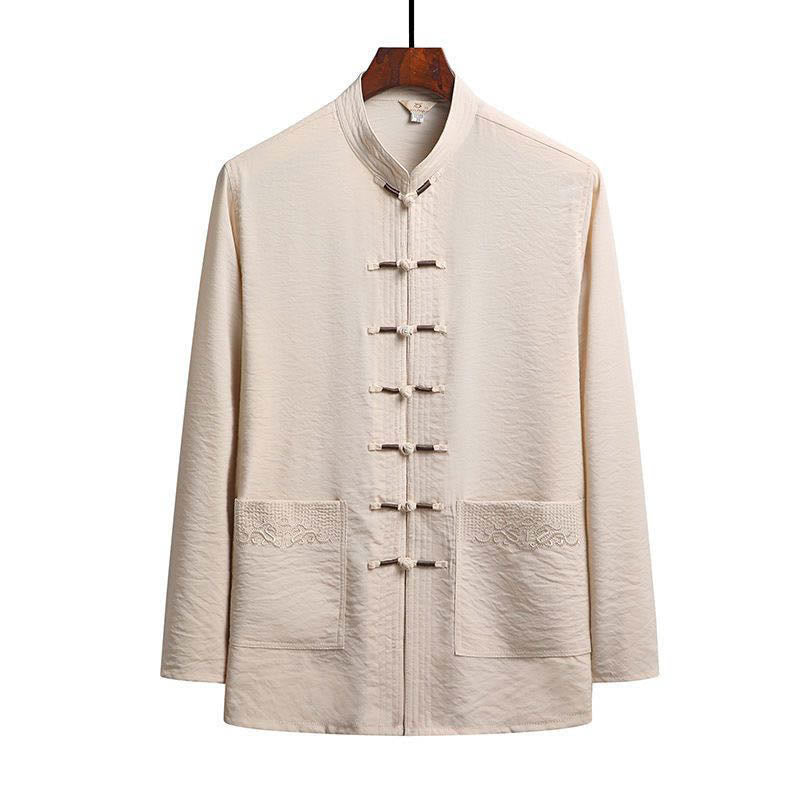 Buddha Stones 2 pezzi semplice Tang Suit uomo Frog-Bottone manica lunga camicia pantaloni set - Biscotto - Camicia - US/UK/AU44, EU54 (4XL) - image 19