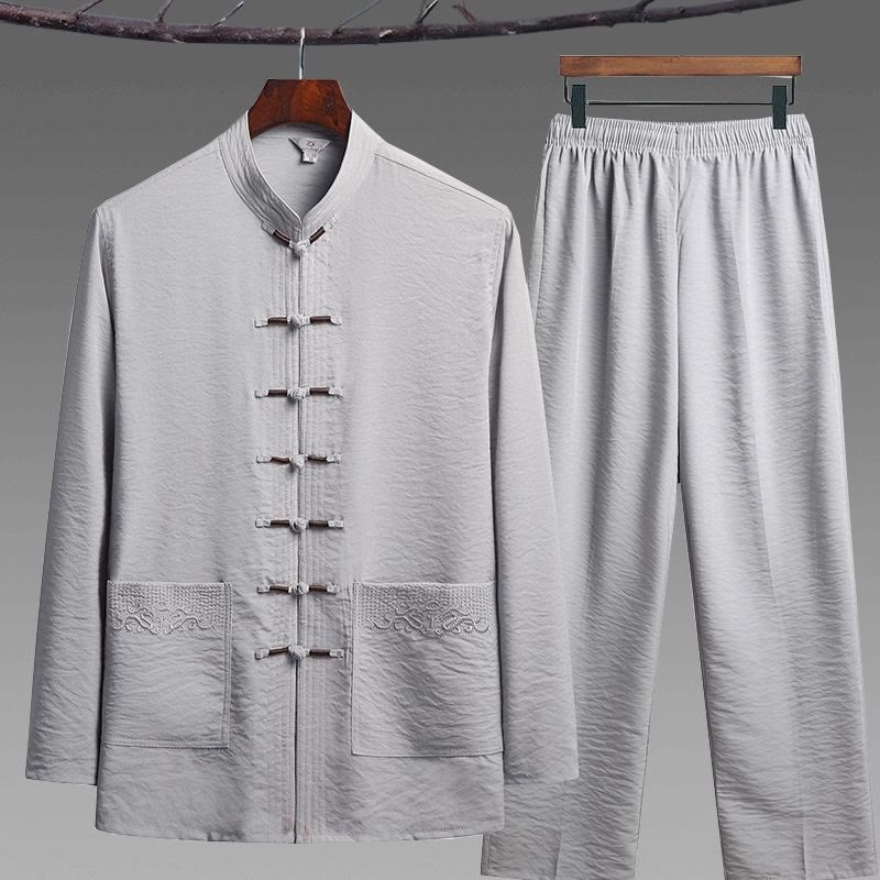Buddha Stones 2 pezzi semplice Tang Suit uomo Frog-Bottone manica lunga camicia pantaloni set - Grigio chiaro - Set da 2 pezzi - US/UK/AU42，EU52 (4XL) - image 10