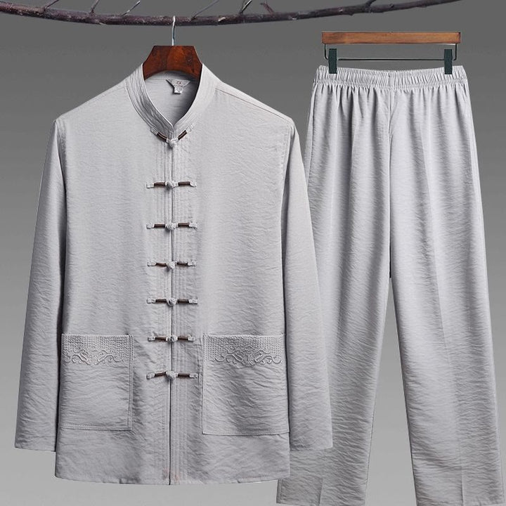 Buddha Stones 2 pezzi semplice Tang Suit uomo Frog-Bottone manica lunga camicia pantaloni set - Grigio chiaro - Set da 2 pezzi - US/UK/AU42，EU52 (4XL) - image 10