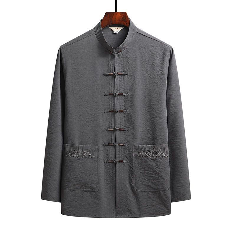 Buddha Stones 2 pezzi semplice Tang Suit uomo Frog-Bottone manica lunga camicia pantaloni set - Grigio - Camicia - US/UK/AU42，EU52 (4XL) - image 3