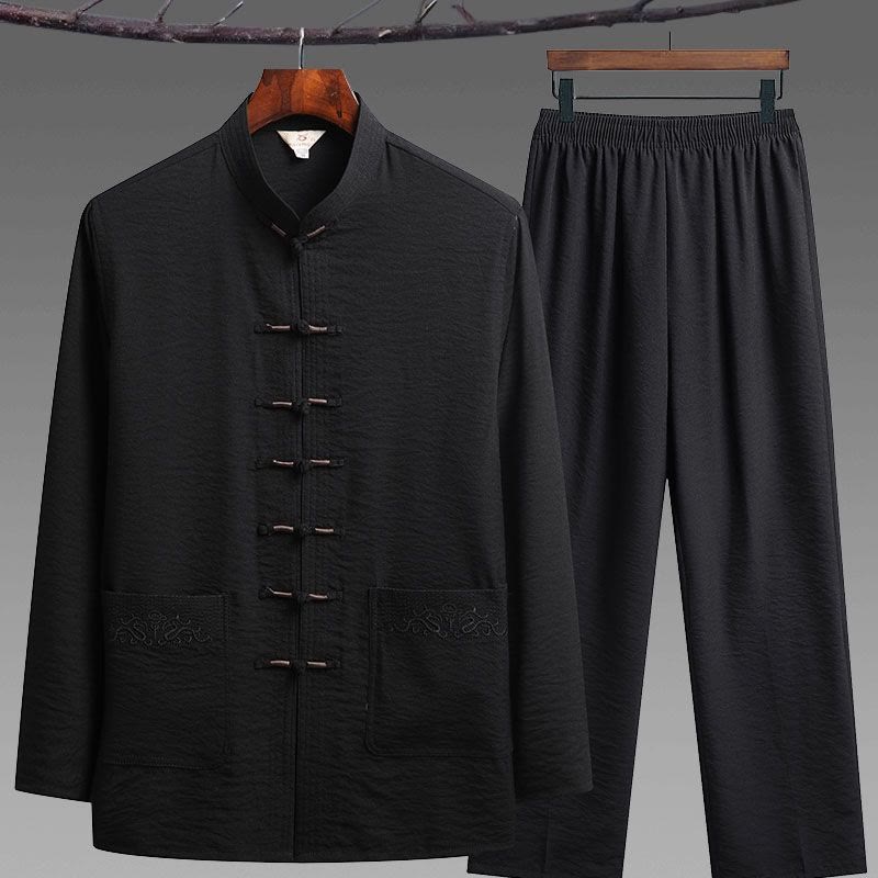 Buddha Stones 2 pezzi semplice Tang Suit uomo Frog-Bottone manica lunga camicia pantaloni set - Nero - Set da 2 pezzi - US/UK/AU42，EU52 (4XL) - image 8