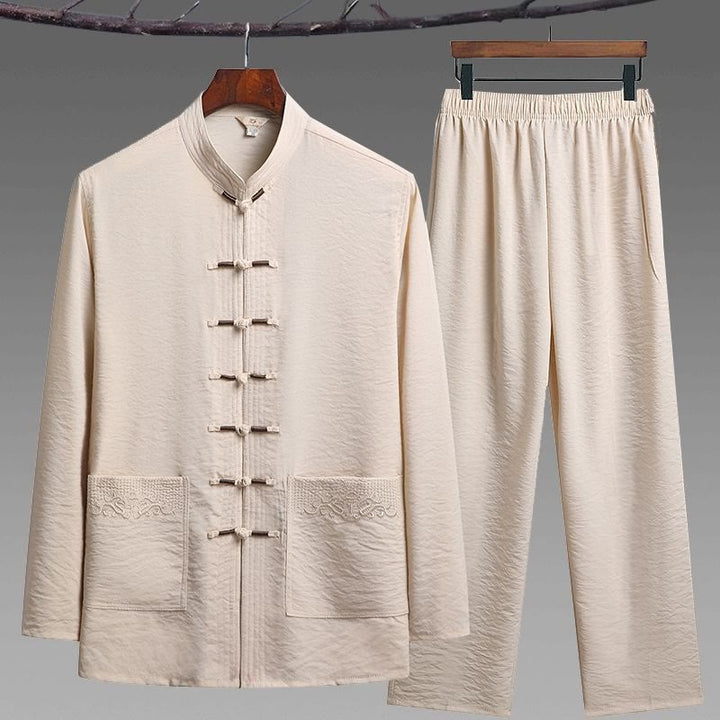 Buddha Stones 2 pezzi semplice Tang Suit uomo Frog-Bottone manica lunga camicia pantaloni set
