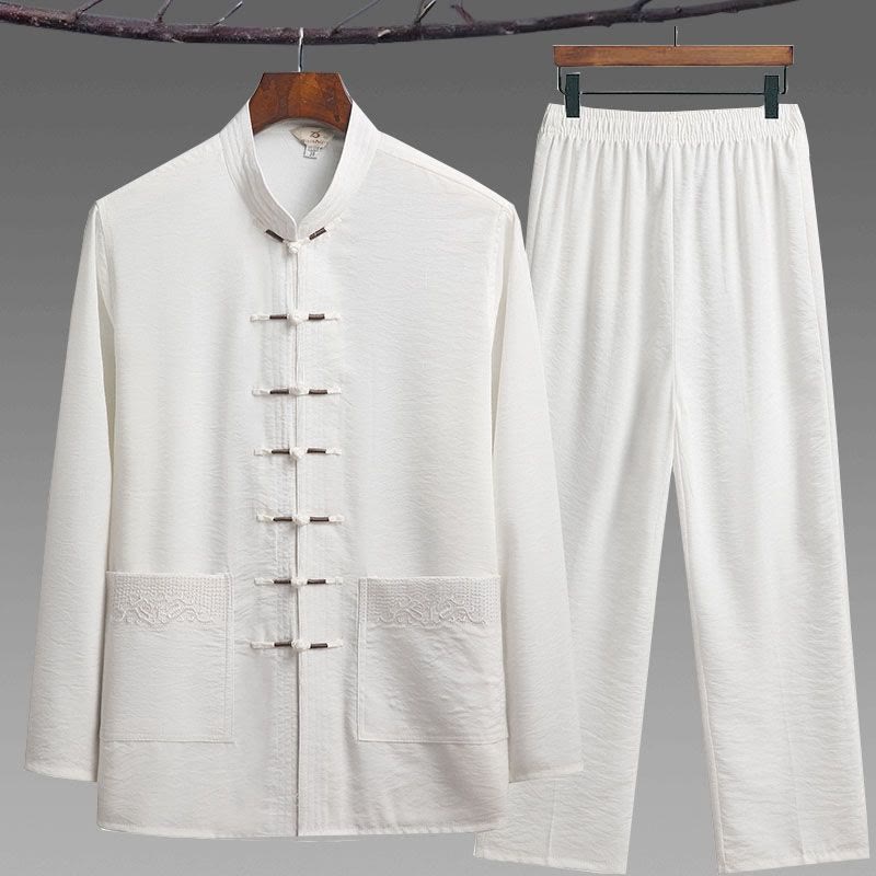 Buddha Stones 2 pezzi semplice Tang Suit uomo Frog-Bottone manica lunga camicia pantaloni set