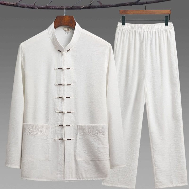 Buddha Stones 2 pezzi semplice Tang Suit uomo Frog-Bottone manica lunga camicia pantaloni set