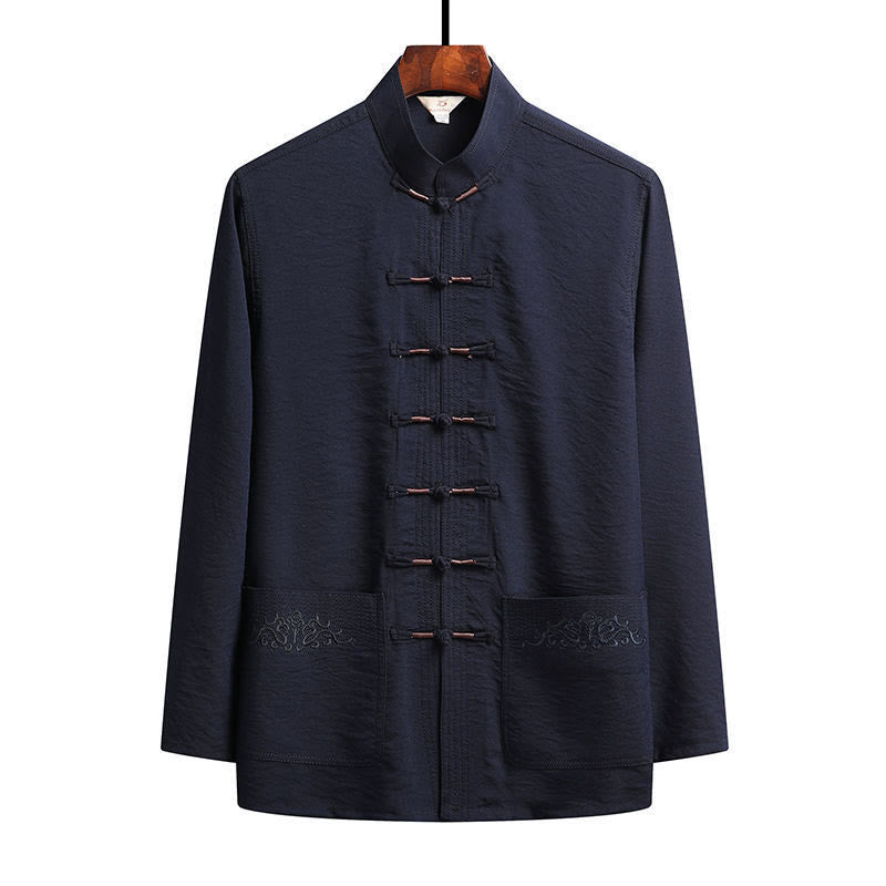 Buddha Stones 2 pezzi semplice Tang Suit uomo Frog-Bottone manica lunga camicia pantaloni set - SteelBlue - Camicia - US/UK/AU42，EU52 (4XL) - image 1