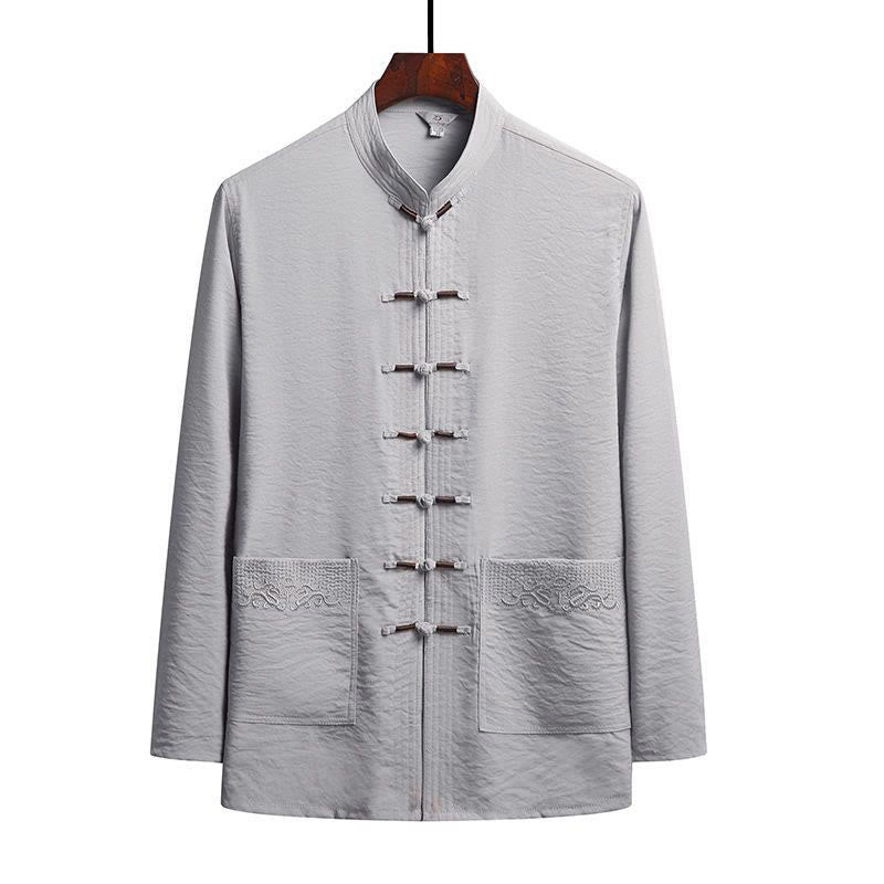 Buddha Stones 2 pezzi semplice Tang Suit uomo Frog-Bottone manica lunga camicia pantaloni set - Grigio chiaro - Camicia - US/UK/AU42，EU52 (4XL) - image 11