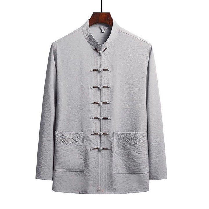 Buddha Stones 2 pezzi semplice Tang Suit uomo Frog-Bottone manica lunga camicia pantaloni set - Grigio chiaro - Camicia - US/UK/AU42，EU52 (4XL) - image 11