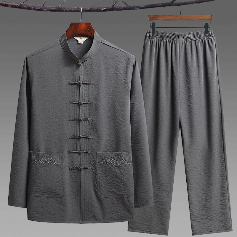Buddha Stones 2 pezzi semplice Tang Suit uomo Frog-Bottone manica lunga camicia pantaloni set - Grigio - Set da 2 pezzi - US/UK/AU42, EU52 (4XL) - image 2