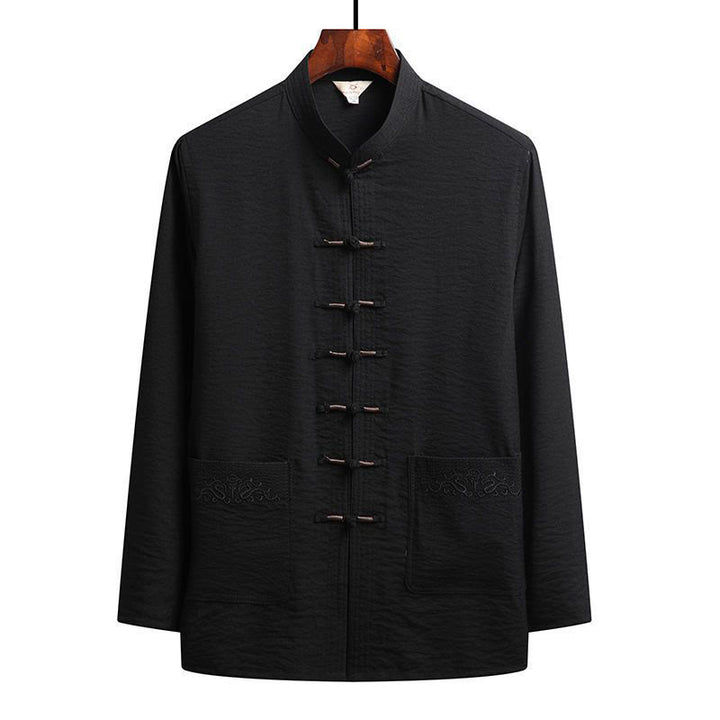 Buddha Stones 2 pezzi semplice Tang Suit uomo Frog-Bottone manica lunga camicia pantaloni set - Nero - Camicia - US/UK/AU42，EU52 (4XL) - image 9