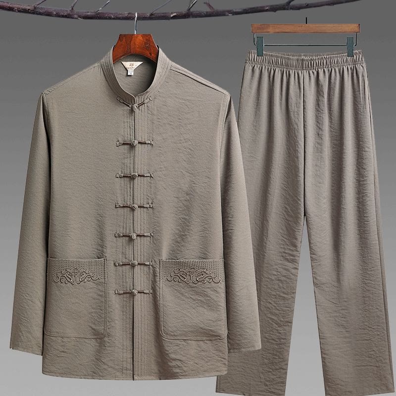 Buddha Stones 2 pezzi semplice Tang Suit uomo Frog-Bottone manica lunga camicia pantaloni set - Abbronzatura - Set da 2 pezzi - US/UK/AU42, EU52 (4XL) - image 14