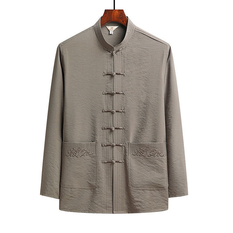 Buddha Stones 2 pezzi semplice Tang Suit uomo Frog-Bottone manica lunga camicia pantaloni set - Abbronzatura - Camicia - US/UK/AU44, EU54 (4XL) - image 17