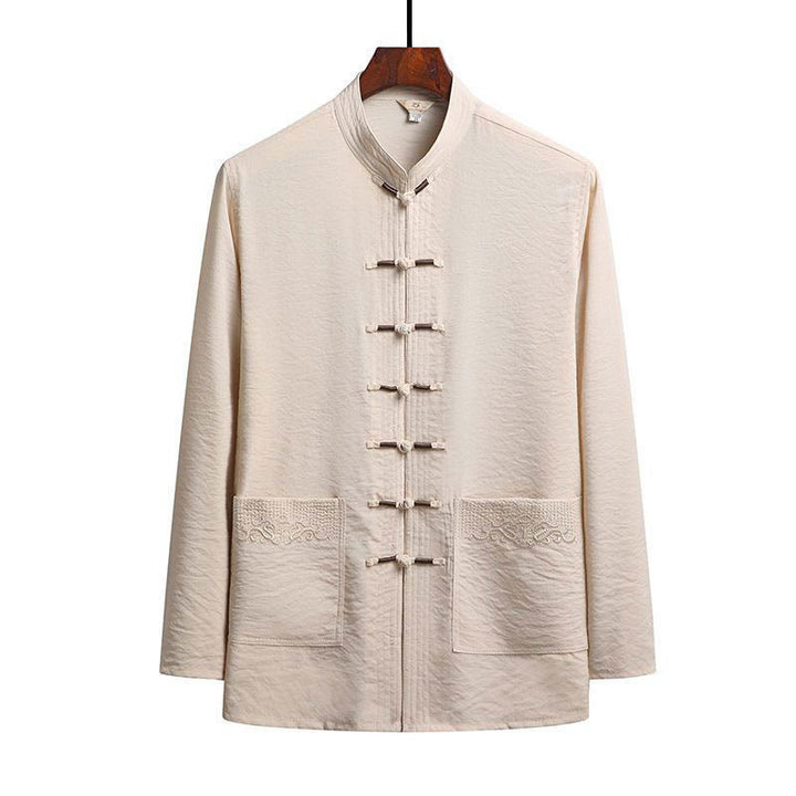 Buddha Stones 2 pezzi semplice Tang Suit uomo Frog-Bottone manica lunga camicia pantaloni set - Biscotto - Camicia - US/UK/AU42, EU52 (4XL) - image 17