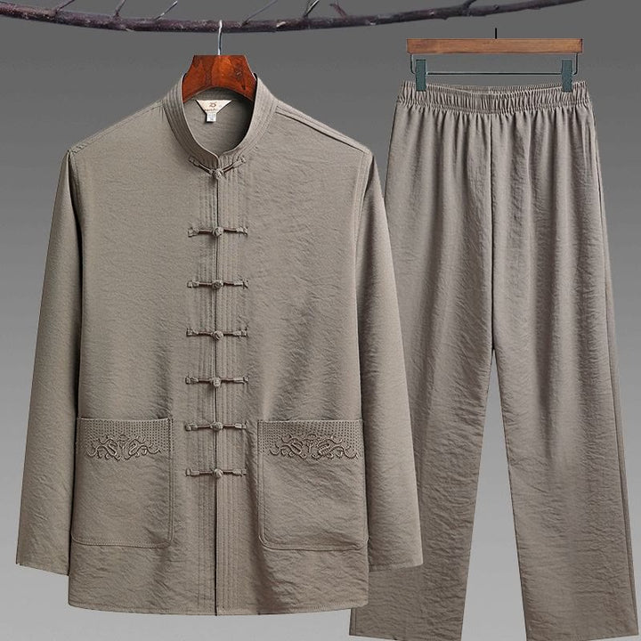 Buddha Stones 2 pezzi semplice Tang Suit uomo Frog-Bottone manica lunga camicia pantaloni set