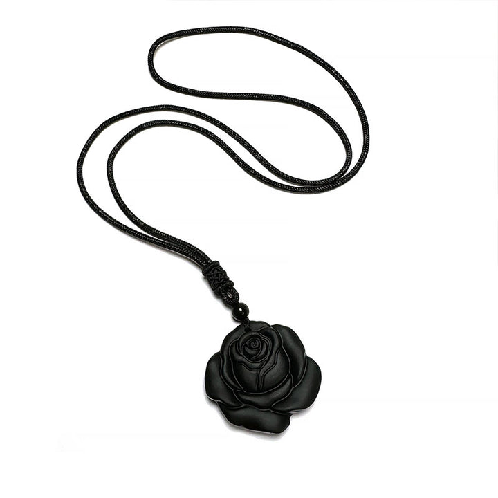 Collana con ciondolo di purificazione di rosa nera con corda di ossidiana nera Buddha Stones