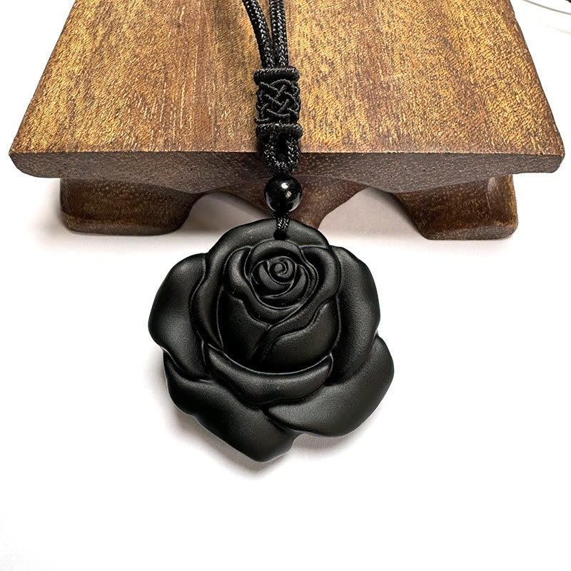 Collana con ciondolo di purificazione di rosa nera con corda di ossidiana nera Buddha Stones